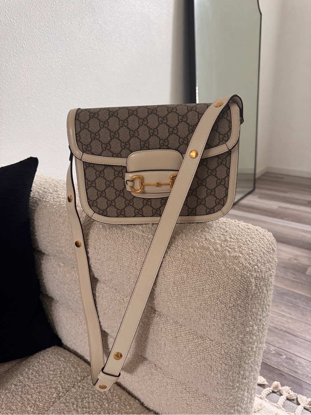 Gucci Beige and Brown GG Supreme Crossbody with Gold Hardware